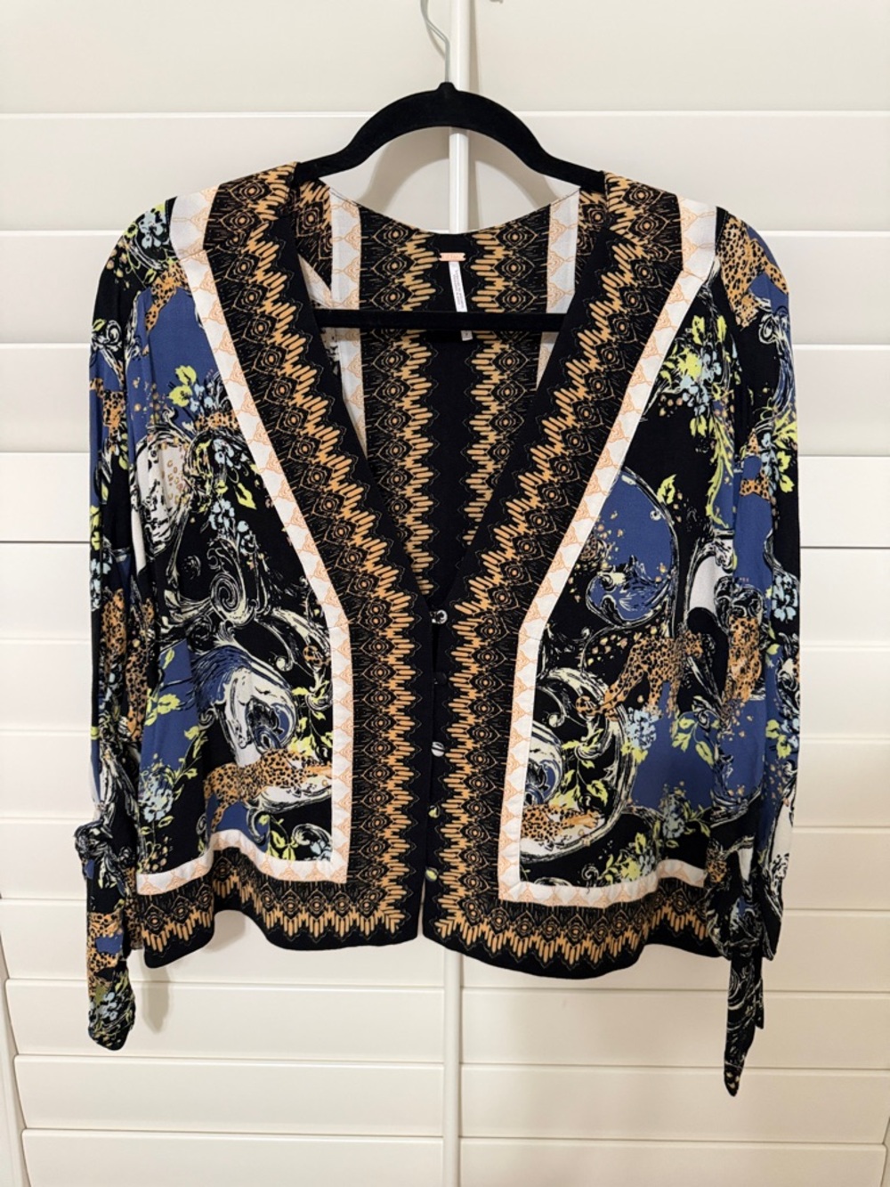 Free People Patterned V-Neck Blouse in Blue, Black and Gold